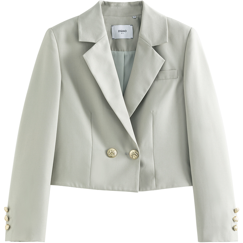 ZIQIAO – veste de costume japonaise à col complet et manches régulières, blazer court, ample, avec broche détachable, solide, à Double boutonnage, pour femme de bureau: light grey green / XXS
