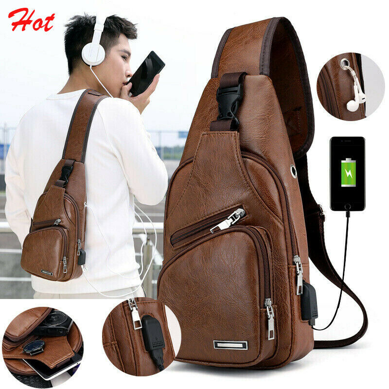 Enkel uformelt menns skulderveske slynge brystpakke usb frakt sport crossbody veske