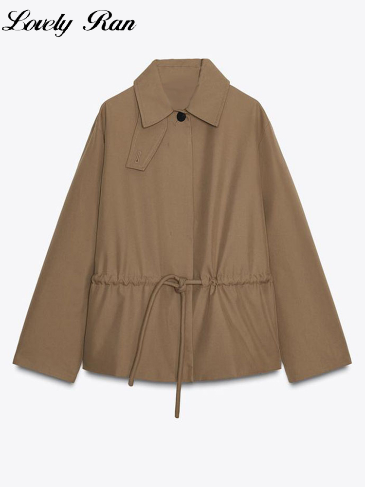 Casual Solid Vrouwen Jas Elegante Lange Mouw Revers Lace Up Geplooide Knop Vrouwelijke Uitloper 2025, Herfst Dame Streetwear