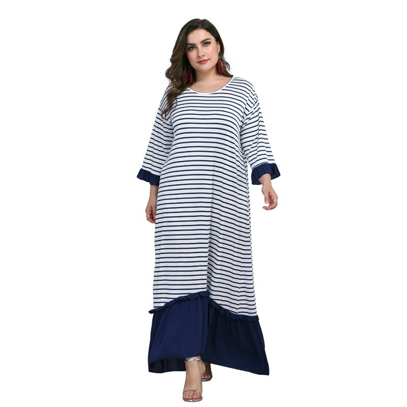 Løs oversized maxi lang kjole kvinder sommer o hals langærmet multicolor flæser kjole plus size dame tunika lange kjoler: Xl