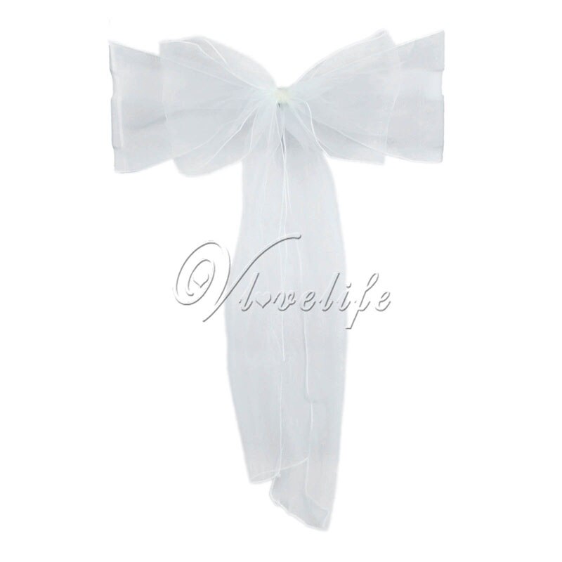 100pcs Chair Sashes Organza Chair Bows Wedding Party Supplies Christmas Valentines Decor Sheer Organza Fabric Chair Decoration: White