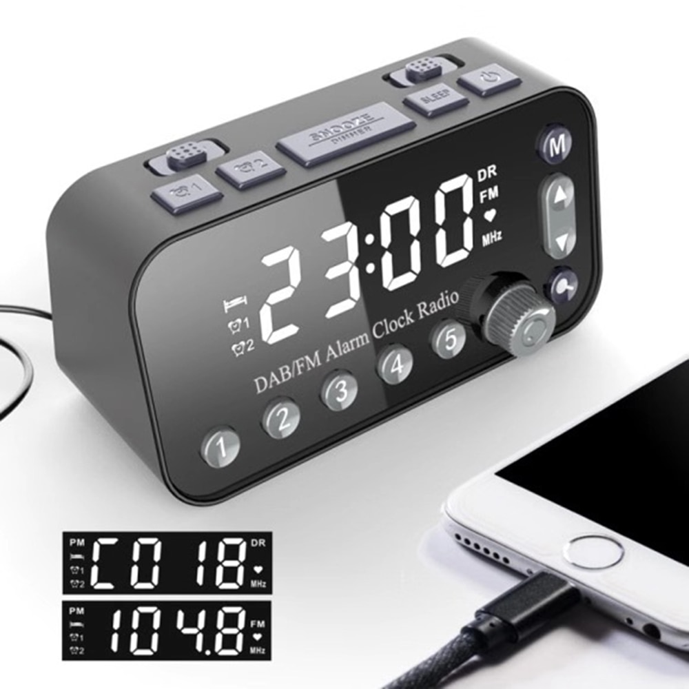 Dual USB Port Digital Alarm Clock DAB & FM Alarm Clock Radio LCD Backlight Sleep Timer for Office Bedroom Travel