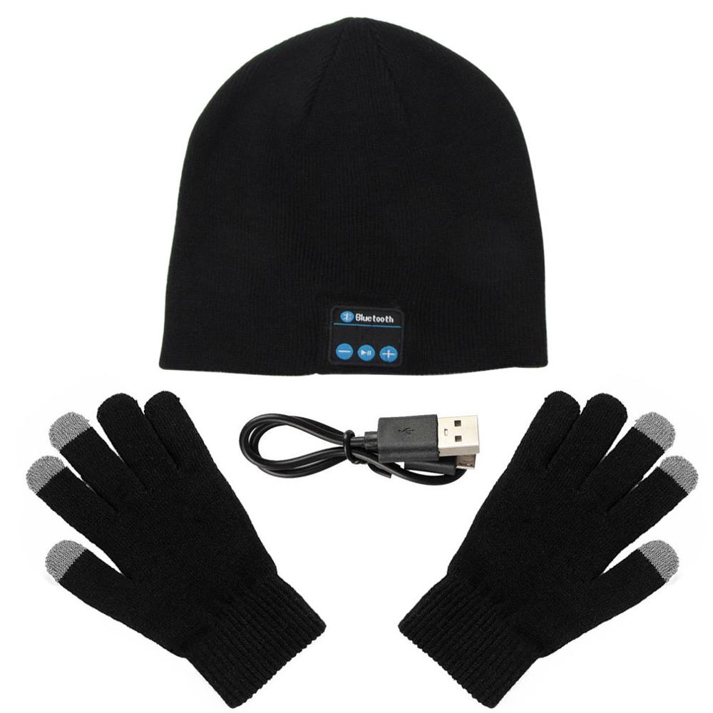 Bluetooth Headphone Winter Hat Warm Beanie Music Cap With Gloves Wireless Bluetooth Earphone Speaker With Mic Sport Hat Headset: Black Hat Gloves