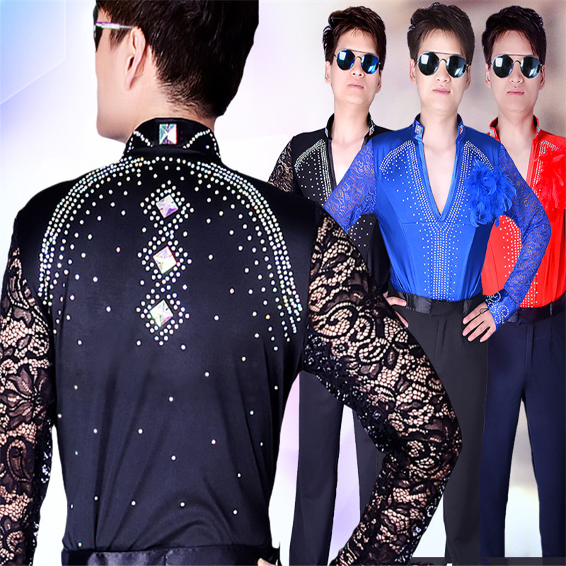 Ballroom Latin Dance Shirts Male Black Long Sleeve Lace V Collar Shirt Men Samba Cha Cha Dancing Tops Performance Wear