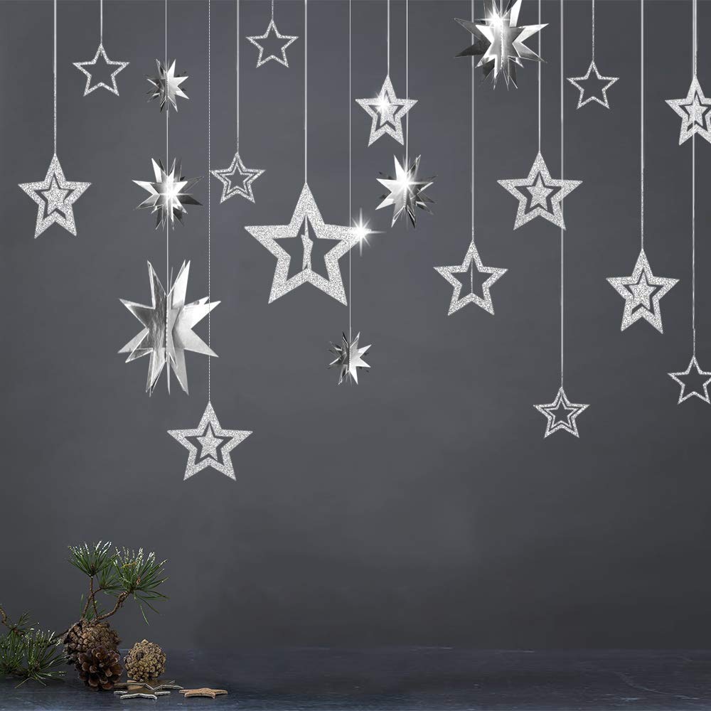 Frozen Birthday Party Glitter Silver Hollow Star Garlands Metallic 3D Star Hanging Paper Garlands Baby Shower Party Supplies