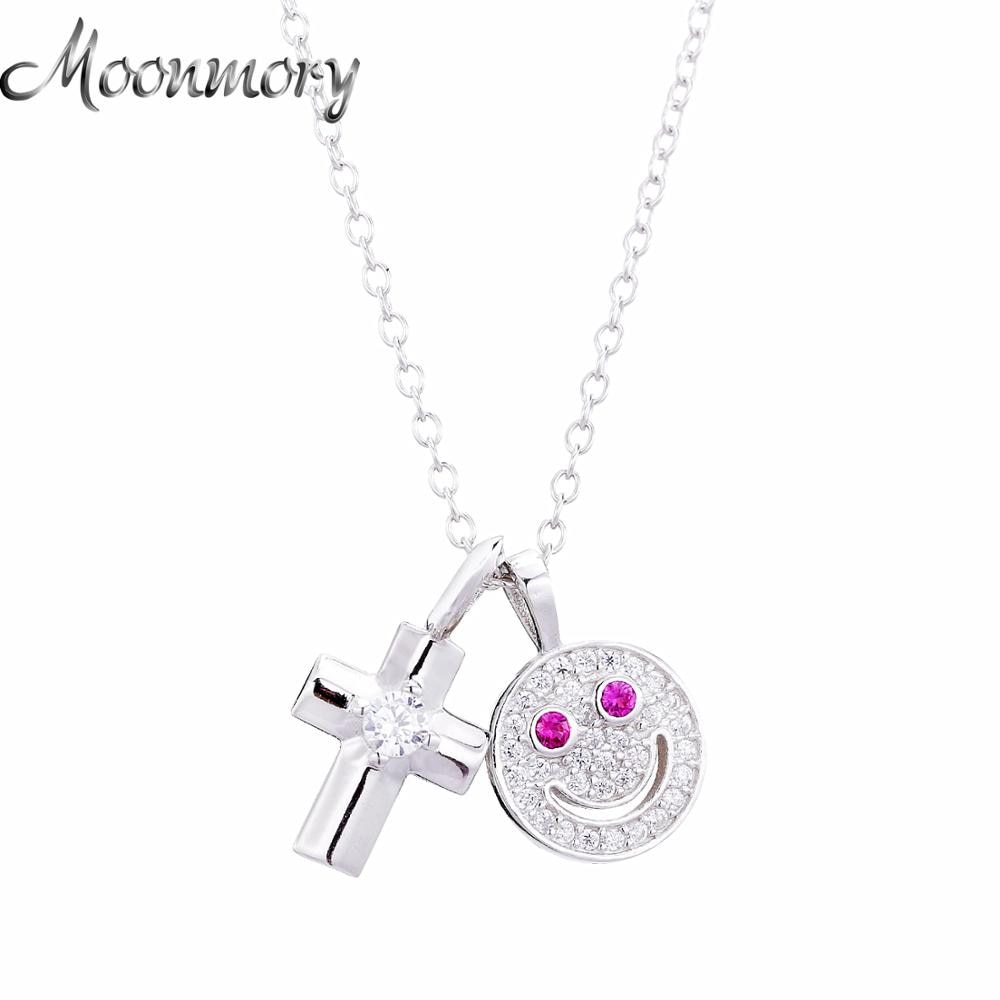 Moonmory Pure 925 Sterling Zilveren Glimlach Cross Hanger Kettingen Voor Vrouwen Mooie Zilveren Ketting Rood Eye Ketting Met Breiden Ketting