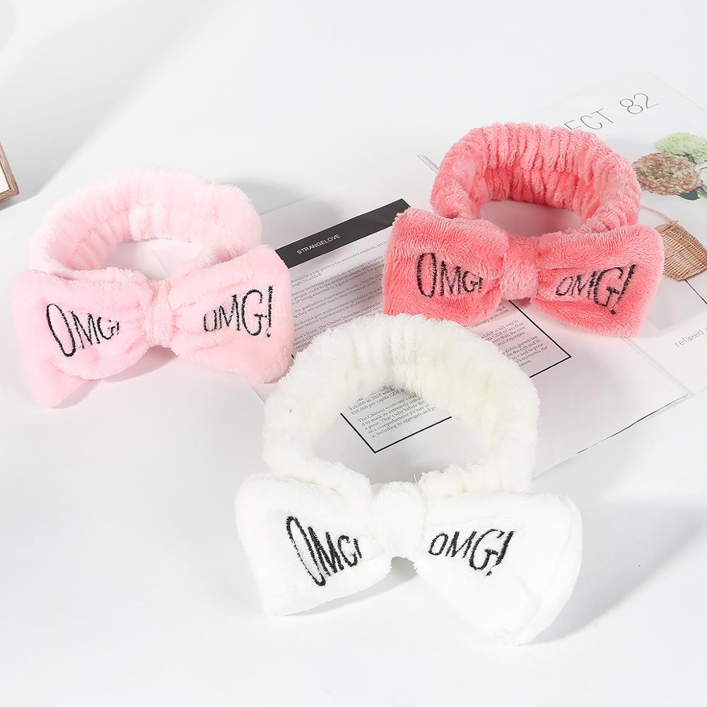 Soft OMG Letters Coral Fleece Wash Face Mix Color Bow Hair bands Clips For Women Girls Headbands Hair Styling Tool