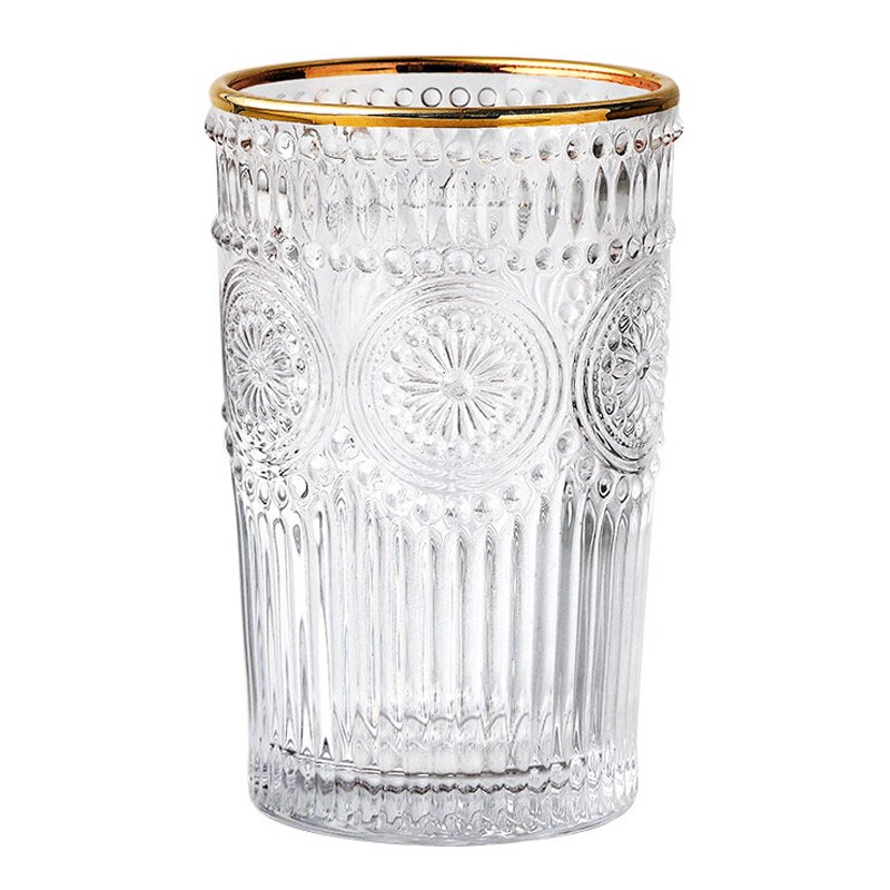 2 pçs em relevo copos de vidro aro de ouro copo de suco de vidro copo de leite velho moda girassol gravura copo de vidro bebendo vinho de cristal glassless