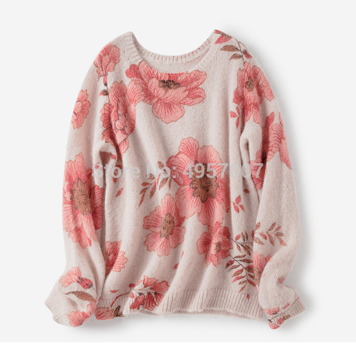 Mohair Jumper Women Pink Flower Chic Round Neck Jumper - Ladies O Neck Leonard Multicoloured Jacquard Sweet Sweater Pullover Top