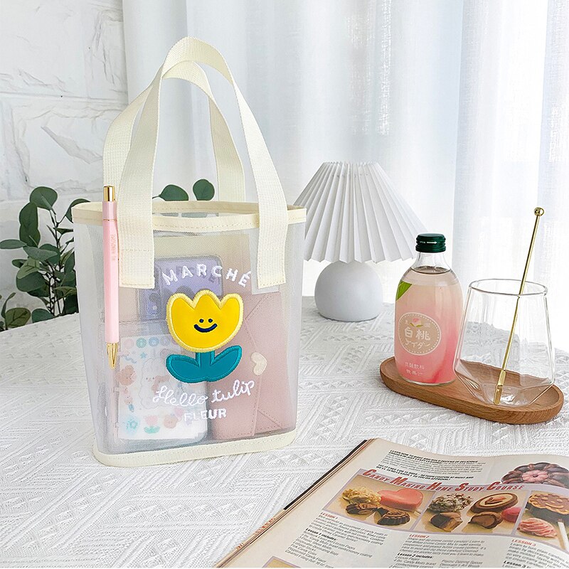 Korea Bear Flower Handbag Girls Summer Beach Travel Beach Bag Women Daily Shopping Bags Gauze Should Bags