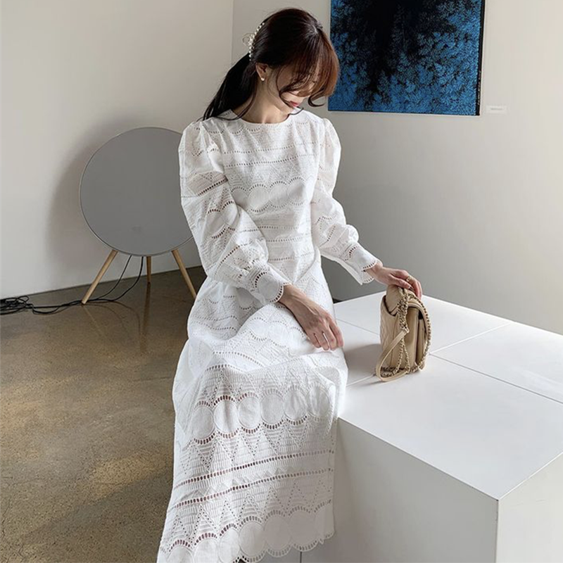 SuperAen francuski styl dworski O szyi koronki drążą stałe talii bufiaste rękawy połowy łydki sukienki dla kobiet