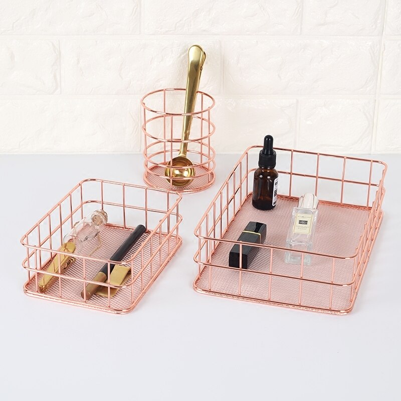 Rose Gold Metal Desktop Storage Baskets Makeup Organizer Eyeliner Brush Set Storage Chopsticks cage Pen Holder Jewelry Storage