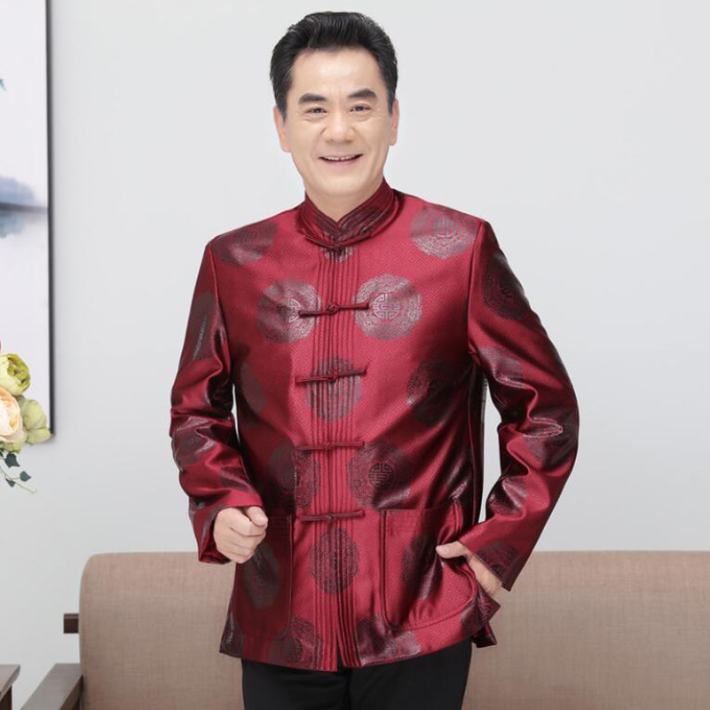 Trajes tradicionales chinos para hombre primavera otoño Tang Suit boda Tops camisa de satén rojo hombres otoño Cheongsam Tops