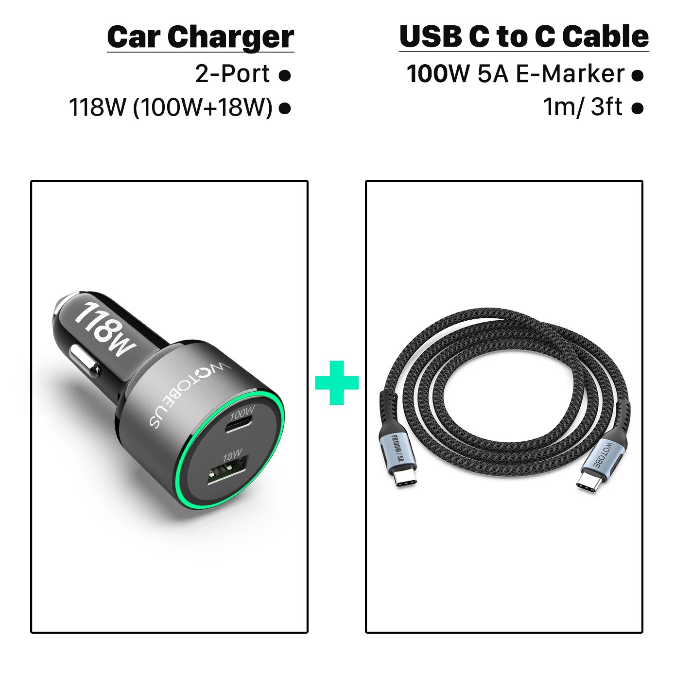 PD 100W USB Car Charger QC5.0 QC3.0 Type C Fast Charging for MacBook Lenovo Dell Xiaomi laptop iphone 13/12 Samsung S21/20 Pixel: 118W and 5A Cable