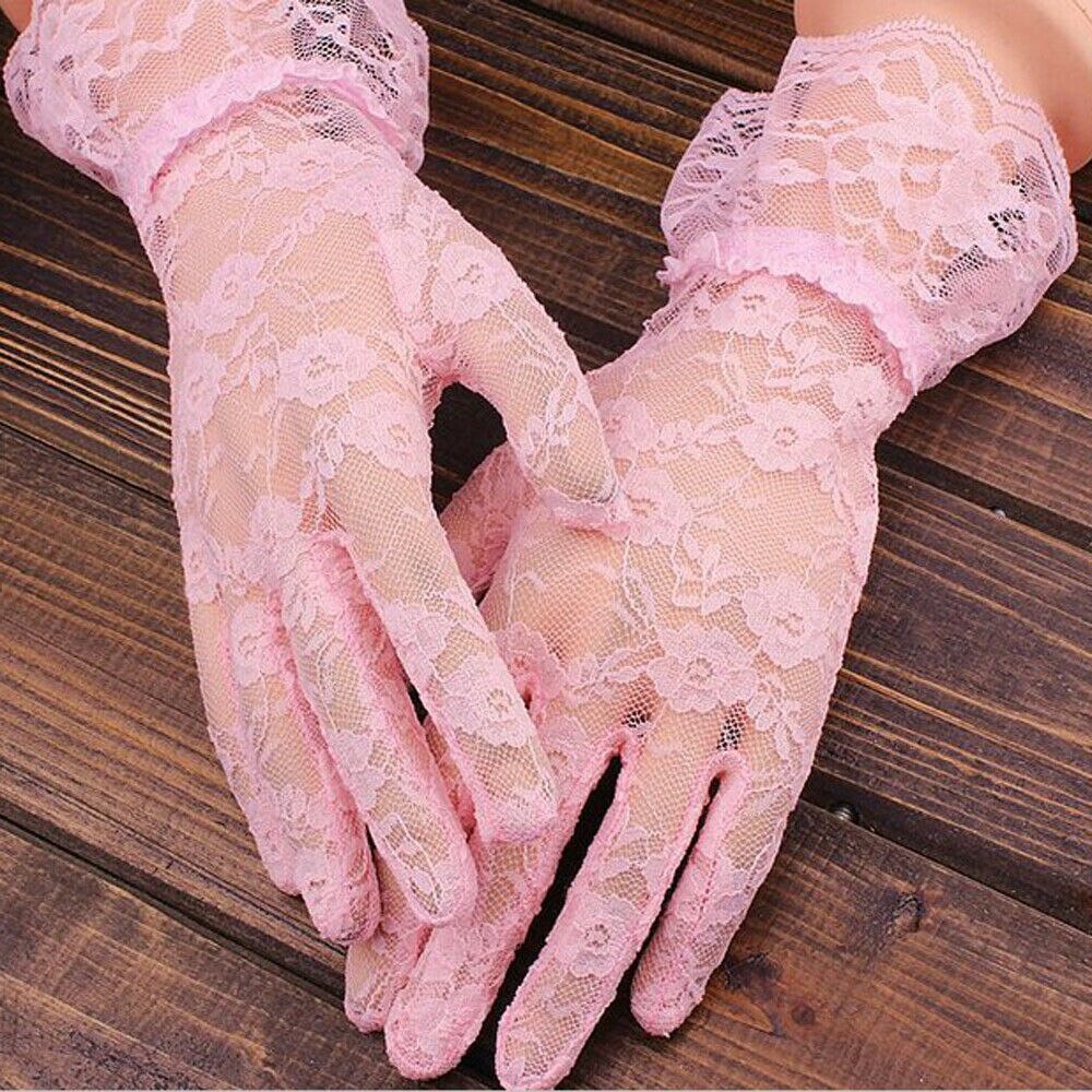 Women Lady Lace Ruffles Floral Gloves Party Prom Bride Wrist Mittens Beige Black Pink Red White