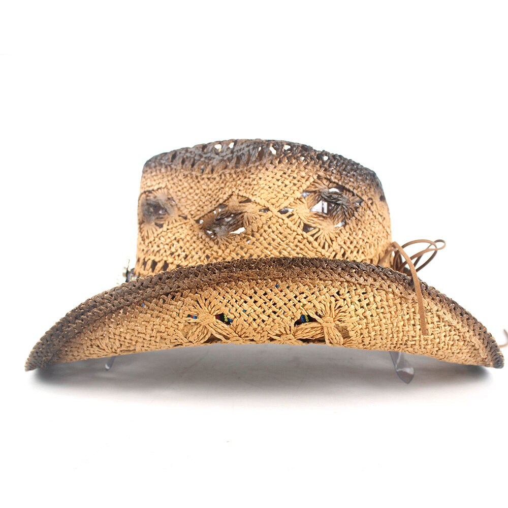 Retro kvinder mænd halm hule vestlige cowboy hat dame håndlavet sombrero hombre strand cowgirl jazz sol hat størrelse 56-58cm