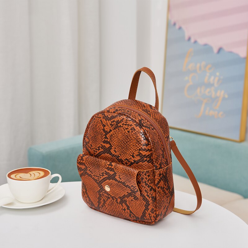 Women Snakeskin Pattern Backpack Ladies Stylish PU Daypack Shoulder Bags for Travel Shopping: Brown