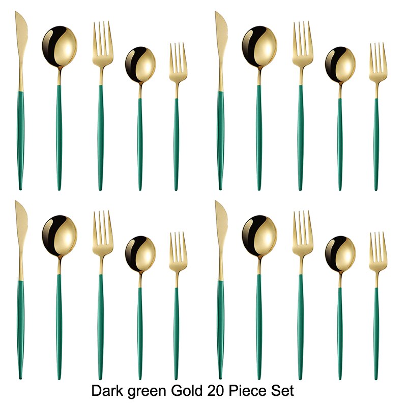 20 pièces or noir ensemble de couverts ensemble de vaisselle 18/10 acier inoxydable couteau Dessert fourchette cuillère vaisselle argenterie directe: Green Gold