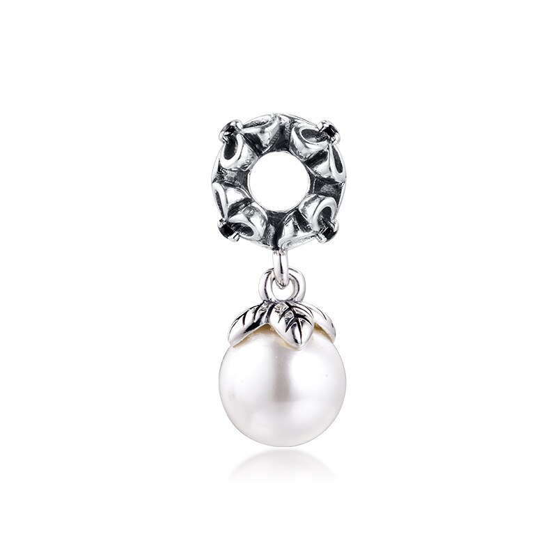 Beads fits for Necklaces Bracelets 100% 925 Sterling-Silver-Jewelry White Pearl Hanging Dangle Charms