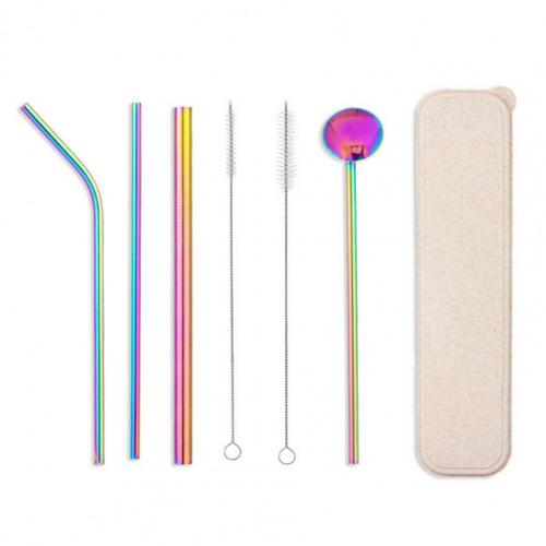 7Pcs/Set Dinnerware Set Reusable Stainless Steel Straws Spoon Drinking Flatware with Cleaning Brush Storage Box Cutlery Set: Multicolor