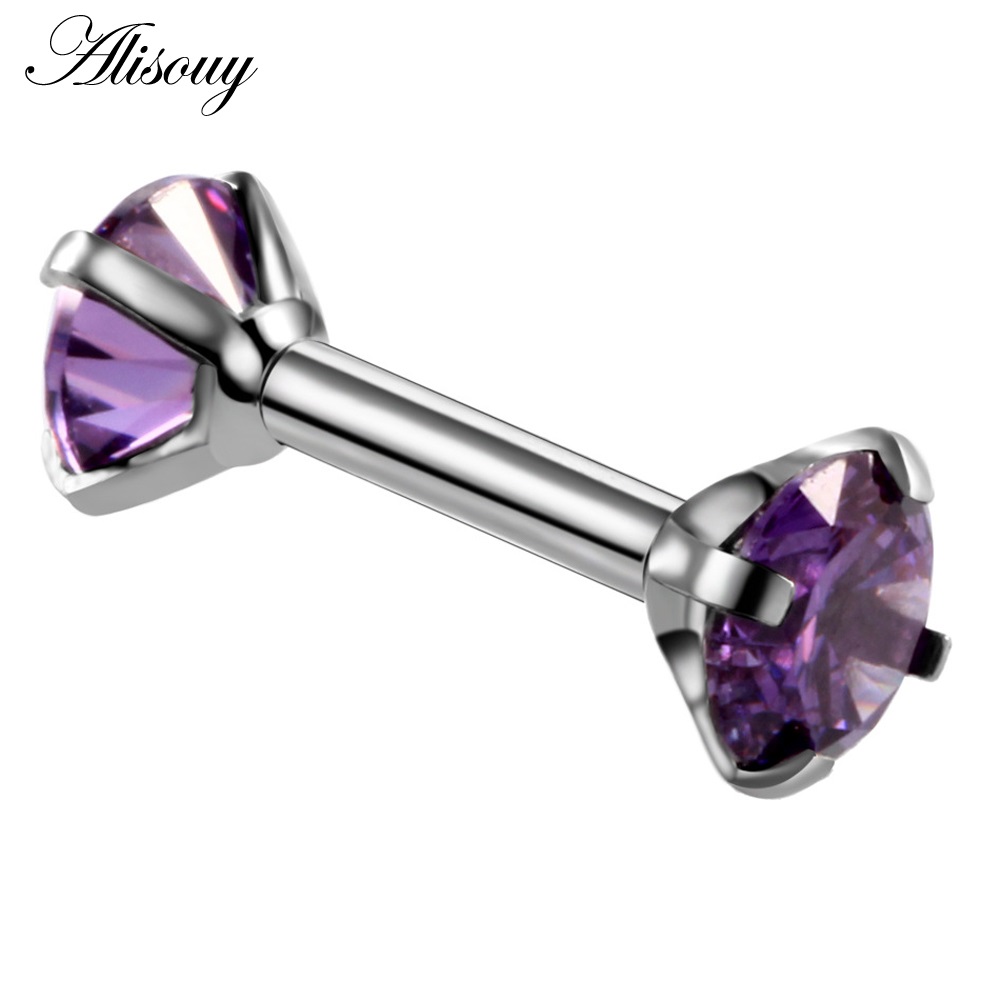 Dubbele Ronde Oorbel voor Vrouwen Chirurgisch Staal Bar Oorbellen Kraakbeen Piercing Oor Gem Zirkoon Rhinestone Ear Stud Bars Sieraden: Silver Purple CZ