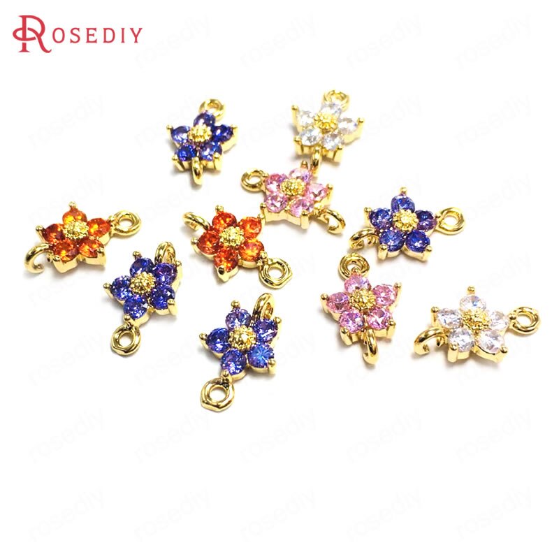 Breloques en laiton et Zircon, lot de 10 pièces de 8MM 24K couleur Champagne or 2 trous fleur connecter pendentifs fournitures de fabrication de bijoux