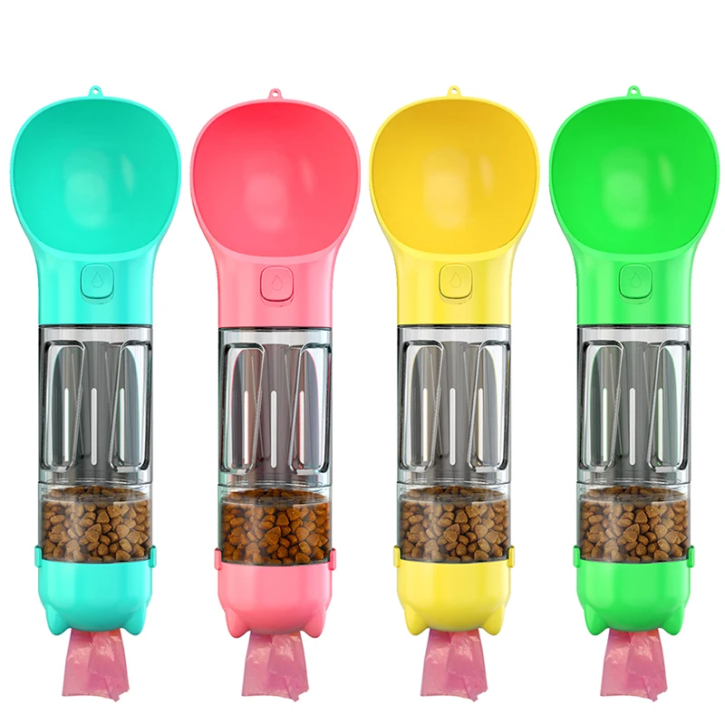 Botella de agua portátil para gatos y perros, alimentador de alimentos, bebedero, dispensador de caca 3 en 1, prueba de fugas,