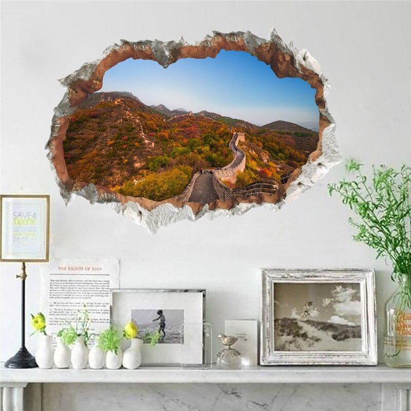 3D cassé mur trou Stickers muraux pour bureau salon chambre décoration de la maison bricolage animaux cerf loup paysage Mural Art Stickers