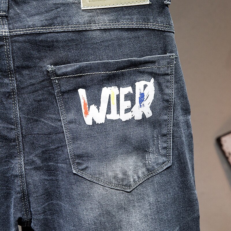 Men Jeans Patchwork Ripped Hole Male Denim Pants Letter Printing Casual Hip Hop High Street Mens Clothing