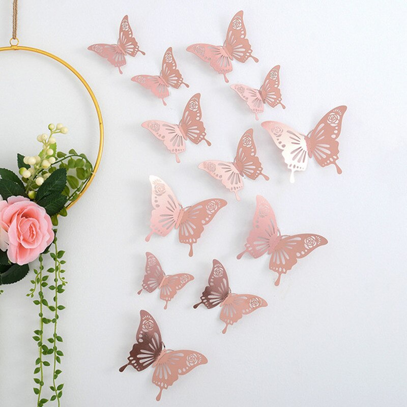 Autocollants muraux papillons en cristal effet 3D, 12 pièces/lot, beaux autocollants muraux pour chambre d'enfants, décoration de la maison: Rose gold 5