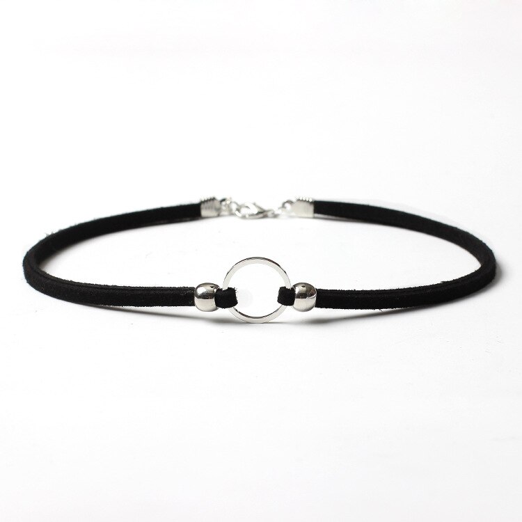 Gargantilla Punk de terciopelo negro para mujer, Collar gótico, gargantilla de círculo dorado, joyería de al por mayor: N0406 Silver Circle