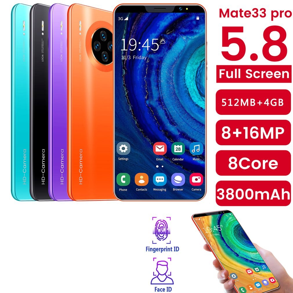 Mate33 Pro Smartphone con 512M + 4GGB di Memoria di Grandi Dimensioni Dello Schermo Da 5.8 Pollici Supporto Viso/Impronte Digitali Unlock Dual SIM telefoni cellulari e Smartphone