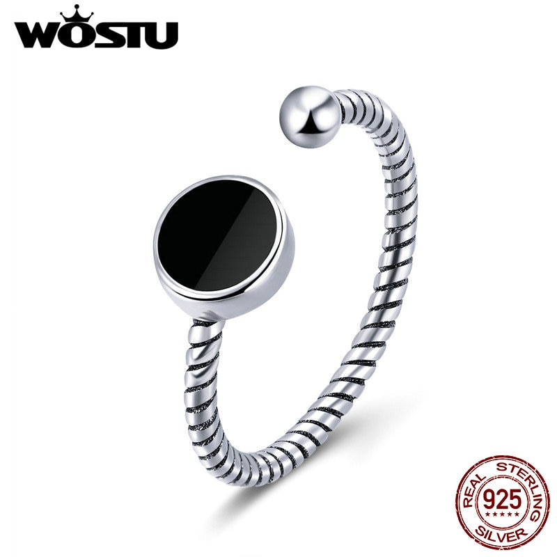 WOSTU 100% 925 Sterling Silver Cool Black Round Open Rings For Women Man Adjustable Ring Christmas Fine Jewelry brincos CSR157