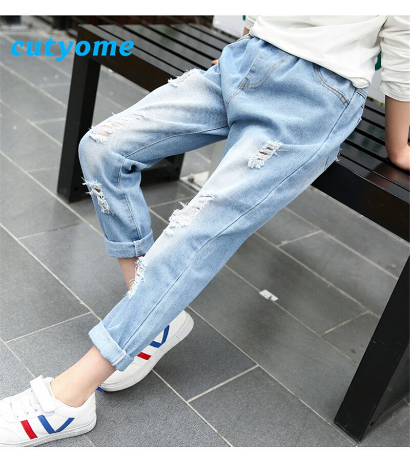 Jean déchiré bleu clair pour filles, pantalon en Denim ample, taille élastique, pour adolescentes de 3 à 16 ans, été