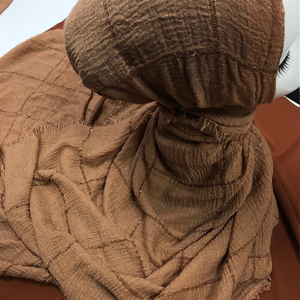Hijab en coton déchiré pour femmes, , froissé, sertissage, turban, avec paillettes, lignes en dentelle, écharpe de tête, châle,