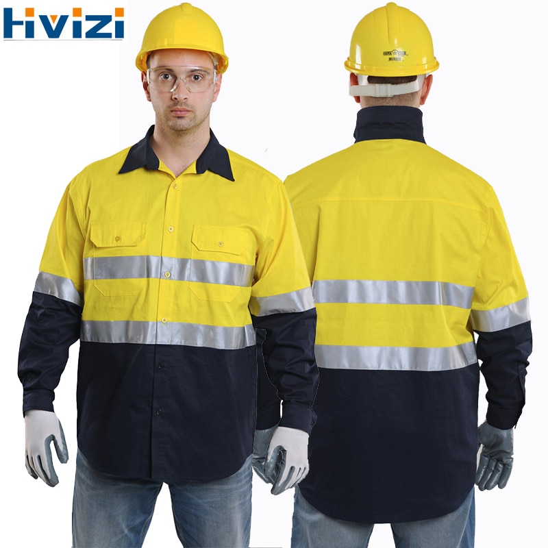 Høj synlighed hi vis reflekterende sikkerhedsarbejdsskjorter langærmede poloshirts med lommer orange marineblå 4xl