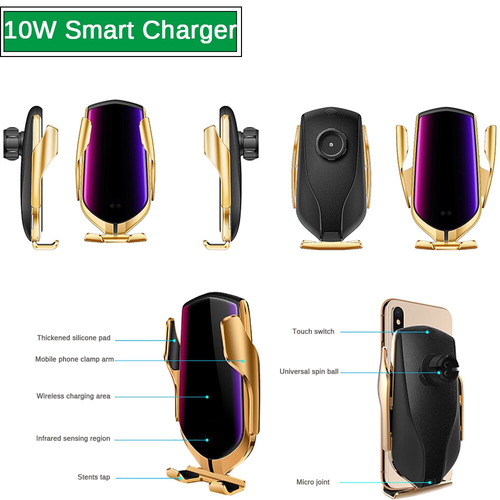 R1 10 de Fixação Automática W Carro Carregador Sem Fio Para iPhone Huawei LG Infravermelho Indução Xs Qi Sem Fio do Carregador Do Telefone Do Carro titular