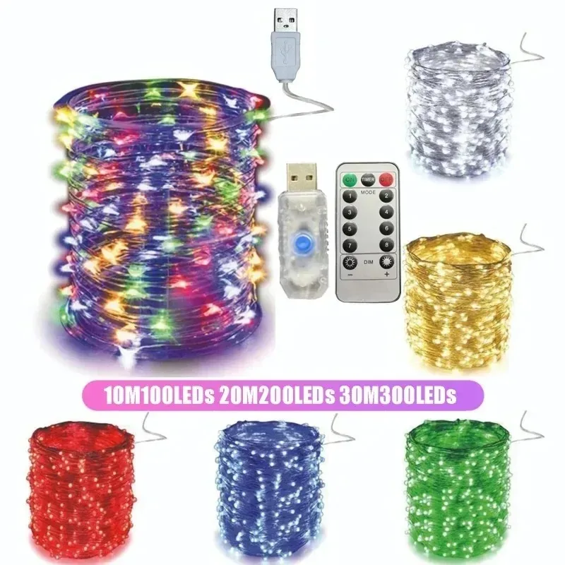 Guirnalda de luces Led USB, 5M/10M/20/30M, telecontrol, 8 modos, luces de Control remoto, guirnaldas de hadas, lámparas de decoración para bodas, Navidad y vacaciones