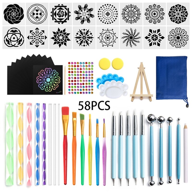 58Pcs Mandala Puntjes Gereedschap Met Kartonnen Verf Lade Stencil Sjabloon Voor Verf