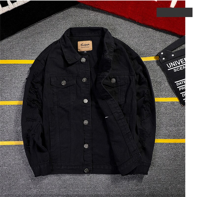 Men&#39;s pink denim jacket hip hop ripped streetwear leather