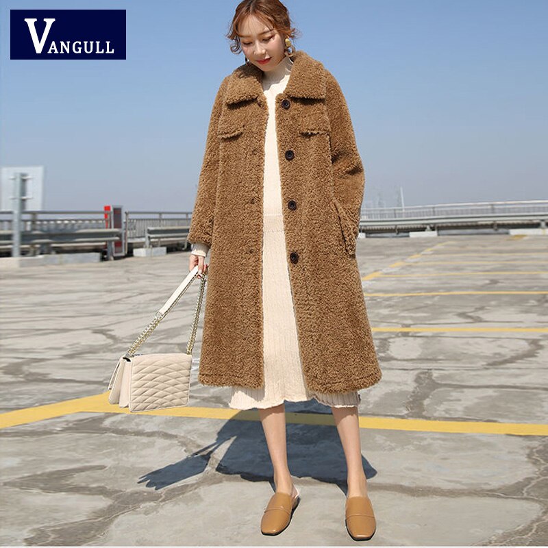 Vangull imitatiebont lange jassen winter casual dames warme lamswol katoenen effen jas plus fluweel dikke bovenkleding