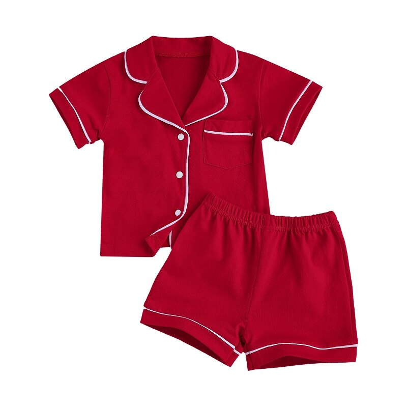 1-7Y Kleine Jongen En Meisje 2 Stuk Pyjama Pak, kinderen Effen Kleur Korte Mouw Knop Top, Korte Broek Past: Rood / 2T