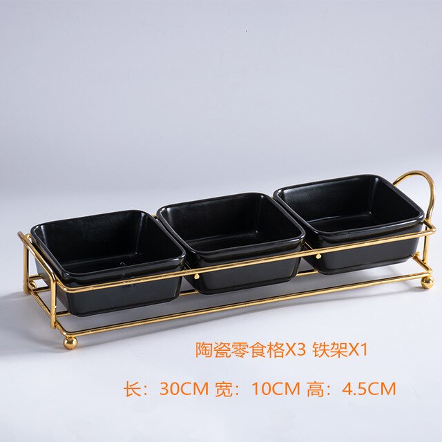 Ceramic Food Tray Dessert Serving Cake Trays Decorative with Iron Stand Kitchen Grid Nut Snack Candy Organized Decoration Trays: black3