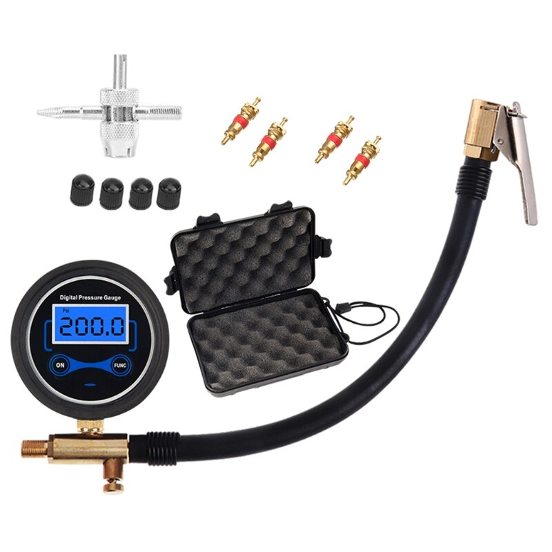 Digital Car Truck Air Tire Inflator Pressure Gauge with Air Chuck &amp; Hose Tire Pressure Gauge Tool for Car Truck Bike 200 Psi: D