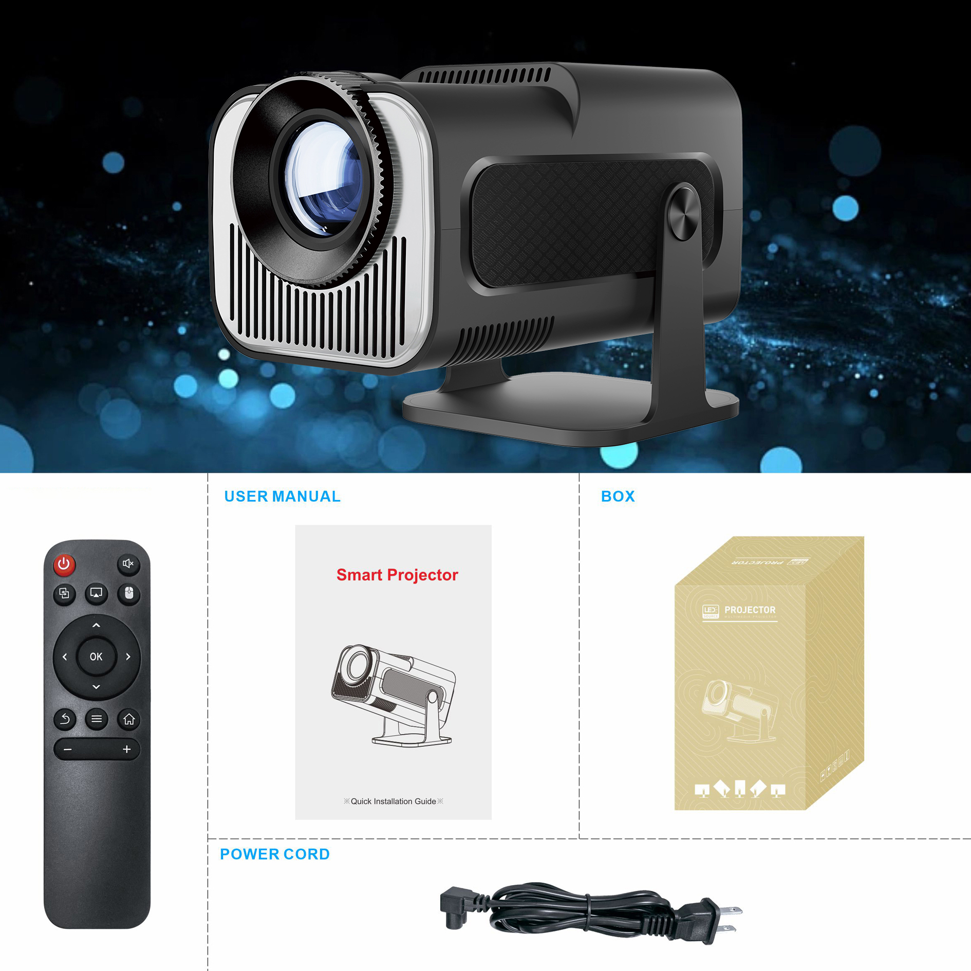 HY320Mini 720P Android 11 4K Heimprojektor 320ANSI Dualband Wifi6 Wireless 5.0 Cinema Outdoor Portable 180 ° Rotierender Projektor