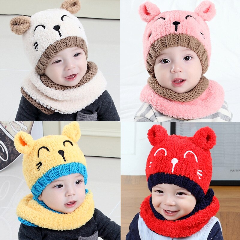 Gorro cálido de invierno para niño y niña, conjunto de bufanda, sombreros de lana tejidos para niña, gorro de gato de dibujos animados, gorrito para niño, gorro para niño