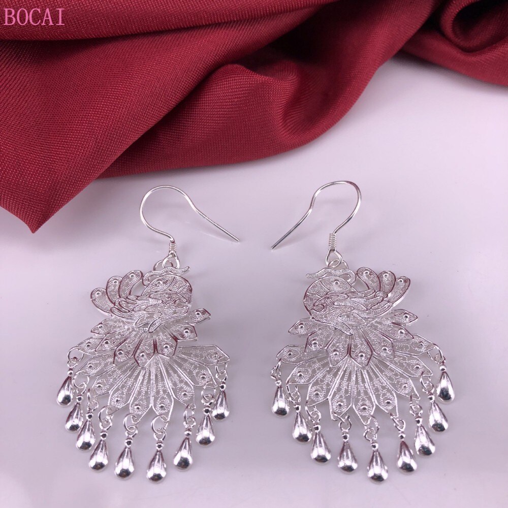 S990 reinem silber Cloisonné pfau Phönix ohr tropfen ohrbüGel reine Hand gebürstet nationalen ohrringe für frauen