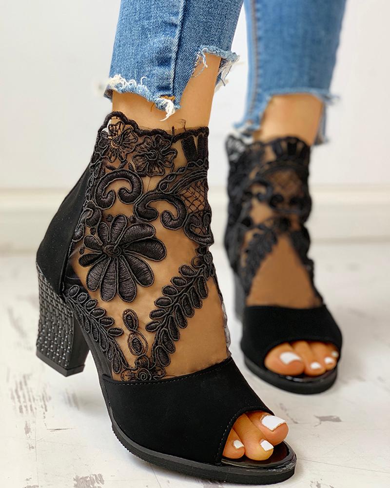 SHENGY femmes talons hauts Peep orteil dentelle fleur talon haut bride à la cheville Surface nette évider sandales