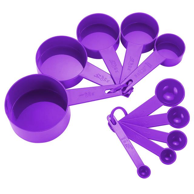 10 Uds 7 Color tazas de medir y cuchara medidora tipo pala mango de silicona herramienta de medición para cocina: Púrpura