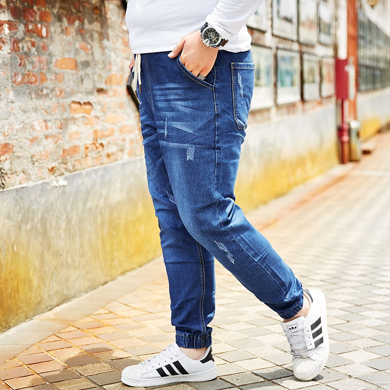 5XL 8XL Plus size Stretch Men&#39;s Jeans Trend Elastic waist Harem Pants Brand Blue Distressed Casual Denim Trousers